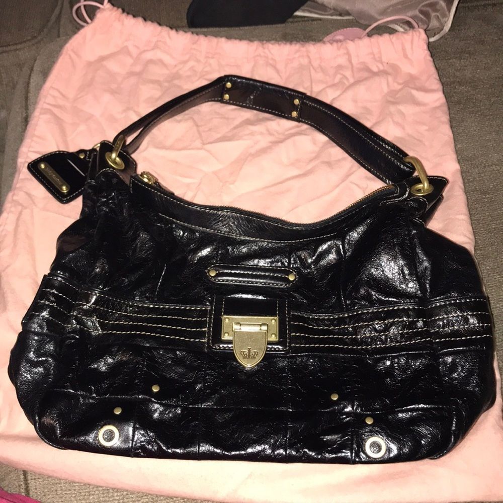 Juicy Couture Vintage Leataher Black Shoulder Bag Heart Mirror Gold Hardwar Y2K